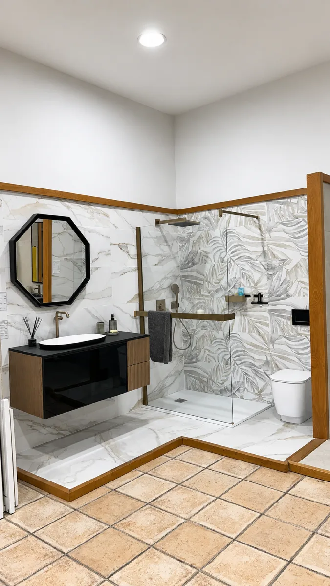 Baño a medida con mueble en nogal y negro, espejo octogonal y revestimiento Idyllic Calacatta Gold